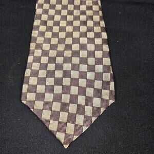RON CHERESKIN Men's Brown Gold 100% Silk Checkerboard Handmade Tie